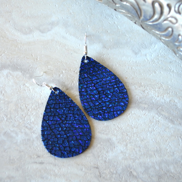 Metallic Blue Teardrop Leather Earrings