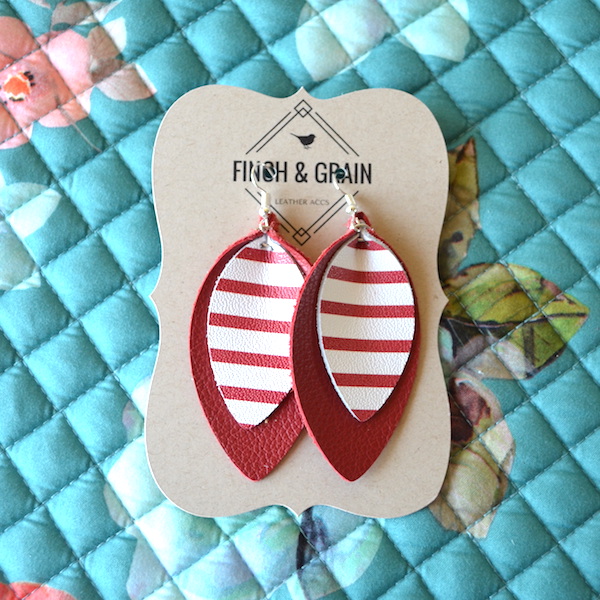 Red and White Stripe Leather Earrings